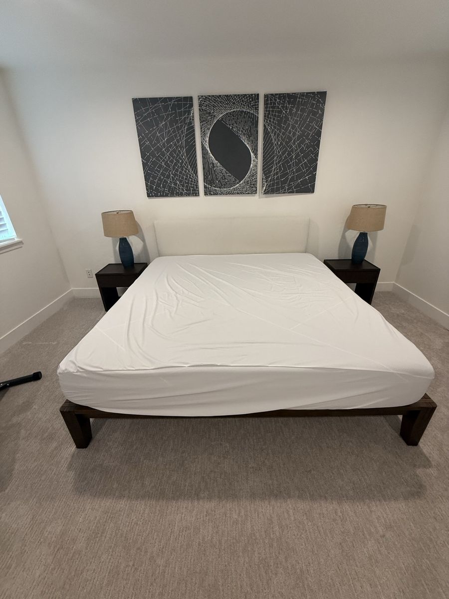 Thuma Minimalist Dark Wood Bed and Two Nightstands with Single Drawer and Open Shelf