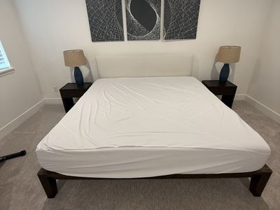 Thuma Minimalist Dark Wood Bed and Two Nightstands with Single Drawer and Open Shelf