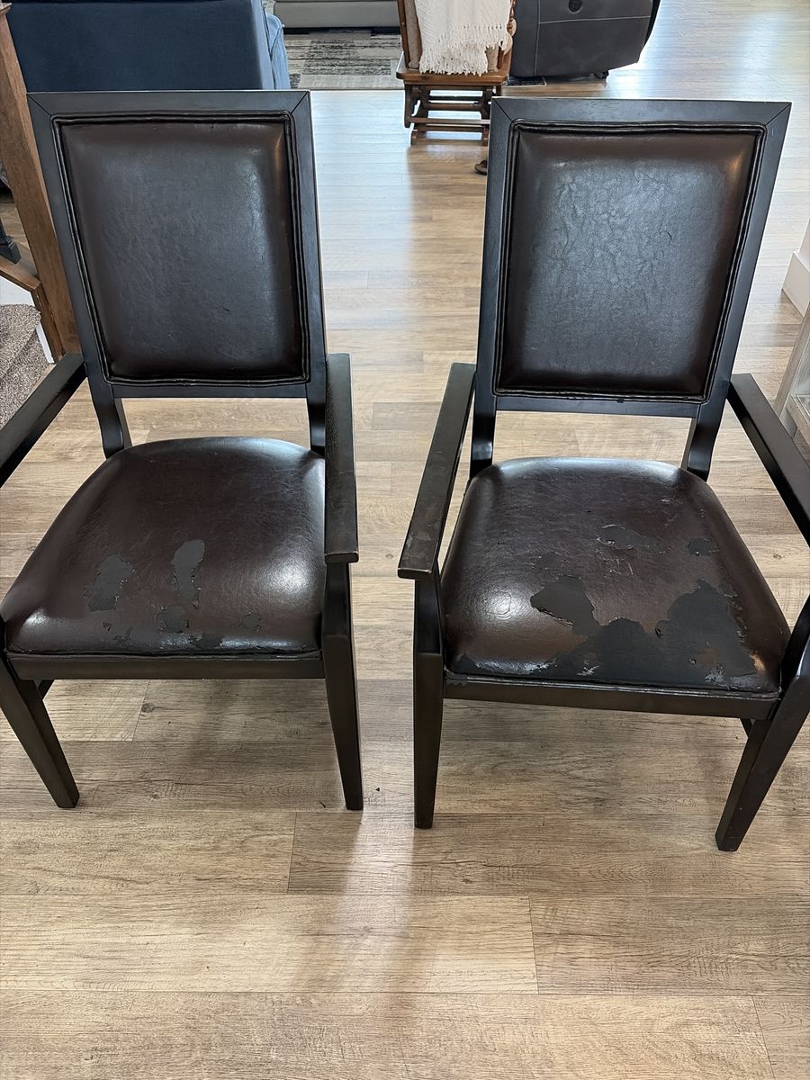 Pair of Dark Brown Wood Frame Dining Chairs with Faux Leather Seats - Set of 2
