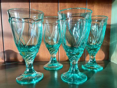 Vintage Noritake Sweet Swirl AQUA Wine Goblets ~ Set of Four (4)