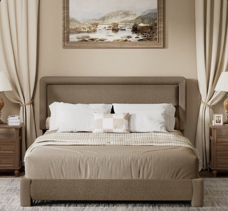 NEW KING UPHOLSTERED PLATFORM BED BROWN