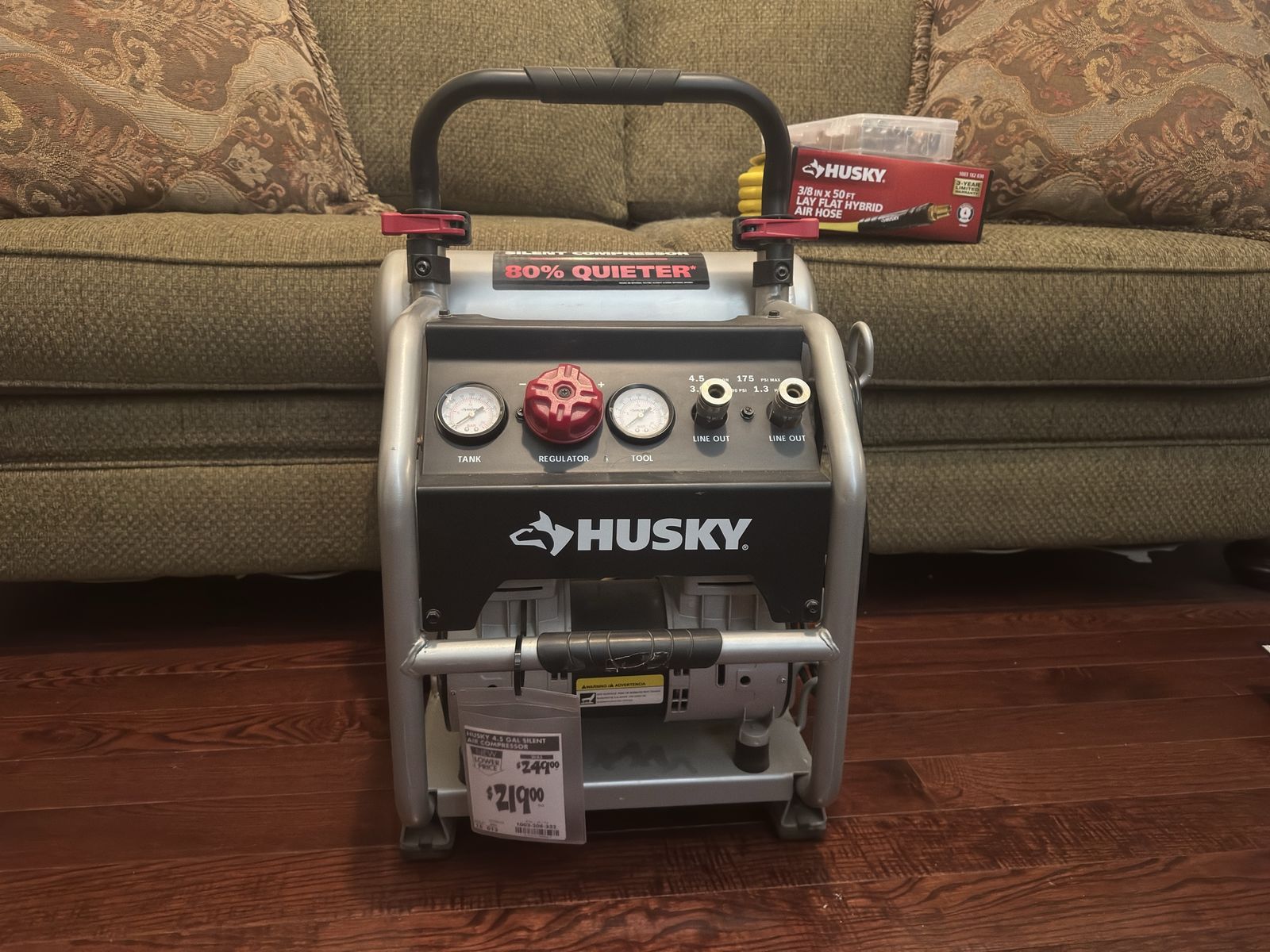 Husky 4.5 Gallon 200 PSI Quiet Portable Electric Air Compressor with 3/8 in. x 50 ft. Hybrid Air Hose