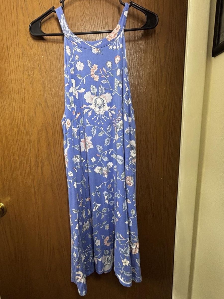 Floral Blue Sleeveless Maxi Dress with Pockets - Women's Size Large (L)