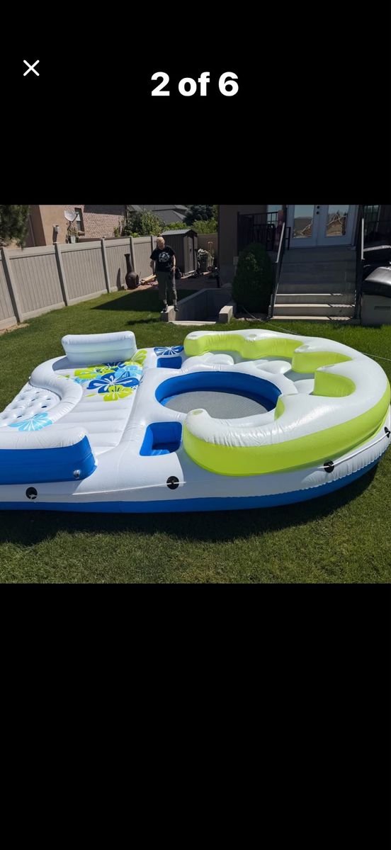 Large Inflatable Floating Island Raft - Mesh Floor, Cupholders, Backrest, Grab Rope