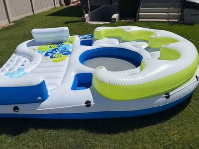 Large Inflatable Floating Island Raft - Mesh Floor, Cupholders, Backrest, Grab Rope