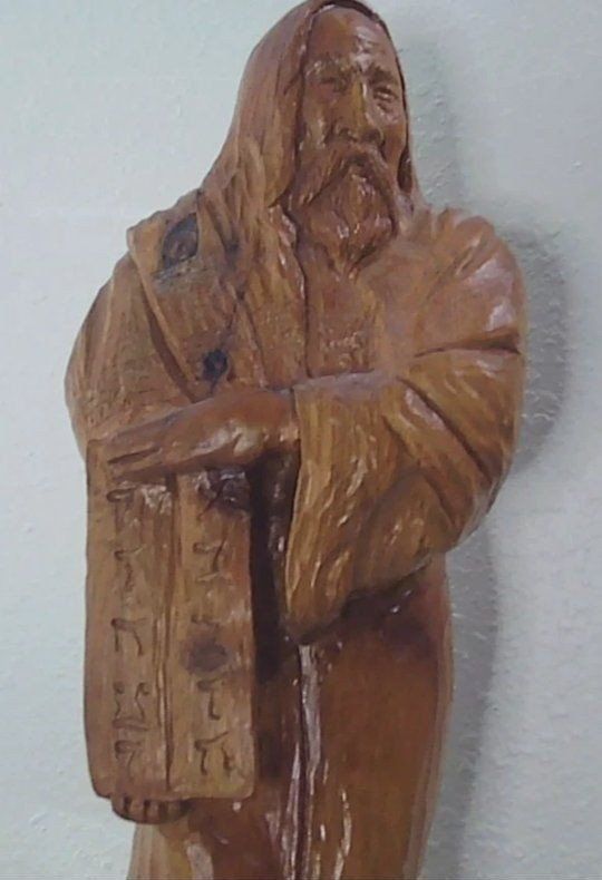 Handcarved Vintage Wooden Statue of Moses 10 Commandments 14" tall on 2" Base