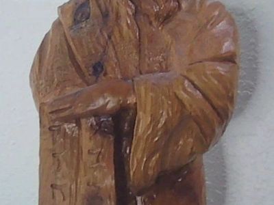 Handcarved Vintage Wooden Statue of Moses 10 Commandments 14" tall on 2" Base