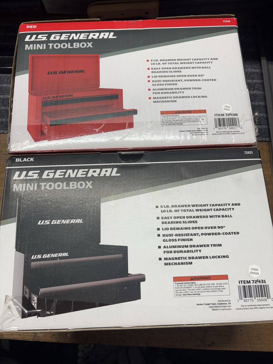 US General Mini Toolbox - 1 Red & 1 Black, 5lb Drawer Capacity, Ball Bearing Slides, Magnetic Lock