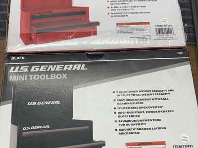 US General Mini Toolbox - 1 Red & 1 Black, 5lb Drawer Capacity, Ball Bearing Slides, Magnetic Lock