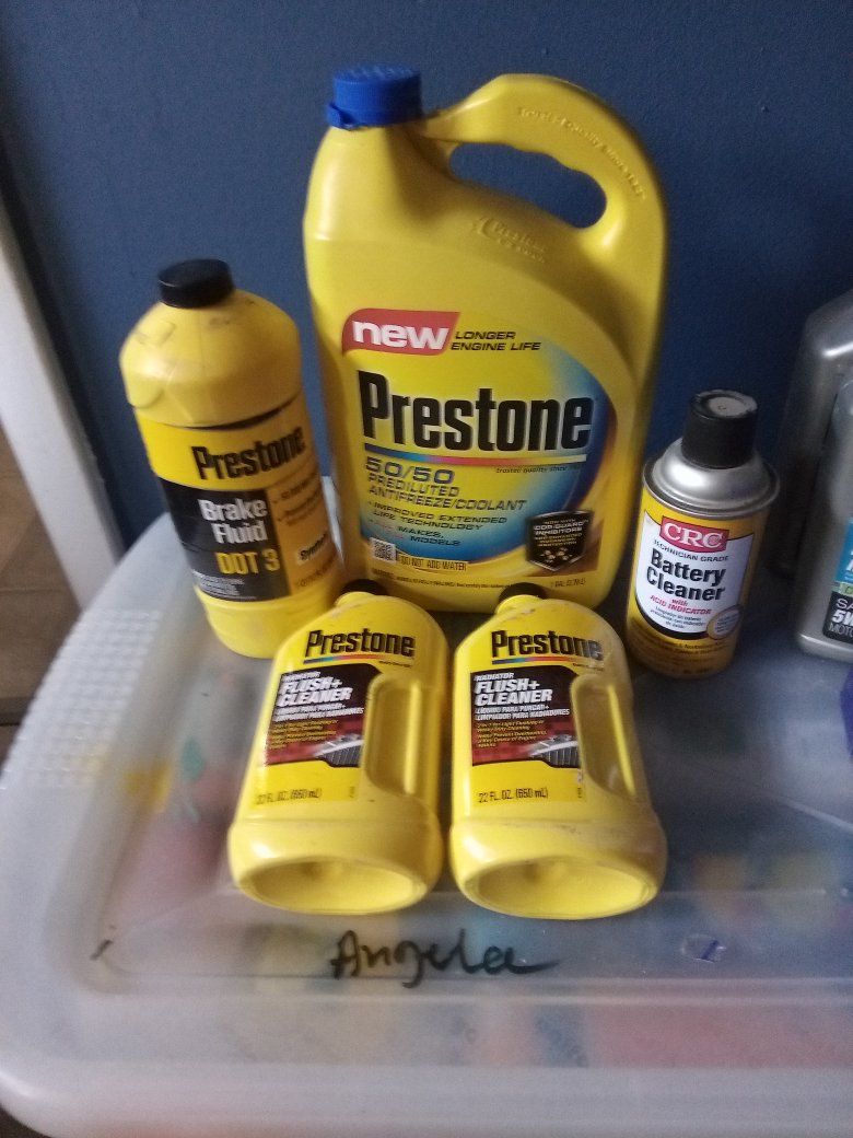 Prestone 50/50 Antifreeze/Coolant, Brake Fluid, Flush+Cleaner, & CRC Battery Cleaner Kit