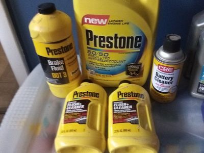 Prestone 50/50 Antifreeze/Coolant, Brake Fluid, Flush+Cleaner, & CRC Battery Cleaner Kit