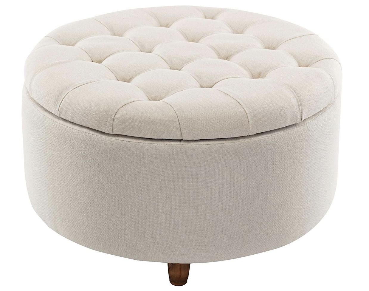 NEW Wovenbyrd Classic 28-Inch Wide Button Tufted Round Storage Ottoman Footstool Cream Fabric