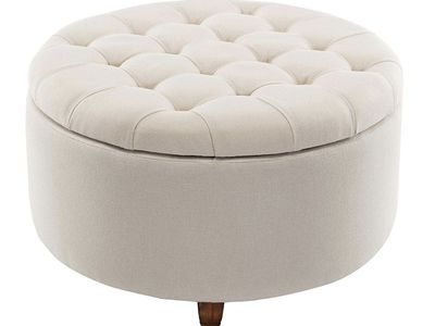 NEW Wovenbyrd Classic 28-Inch Wide Button Tufted Round Storage Ottoman Footstool Cream Fabric