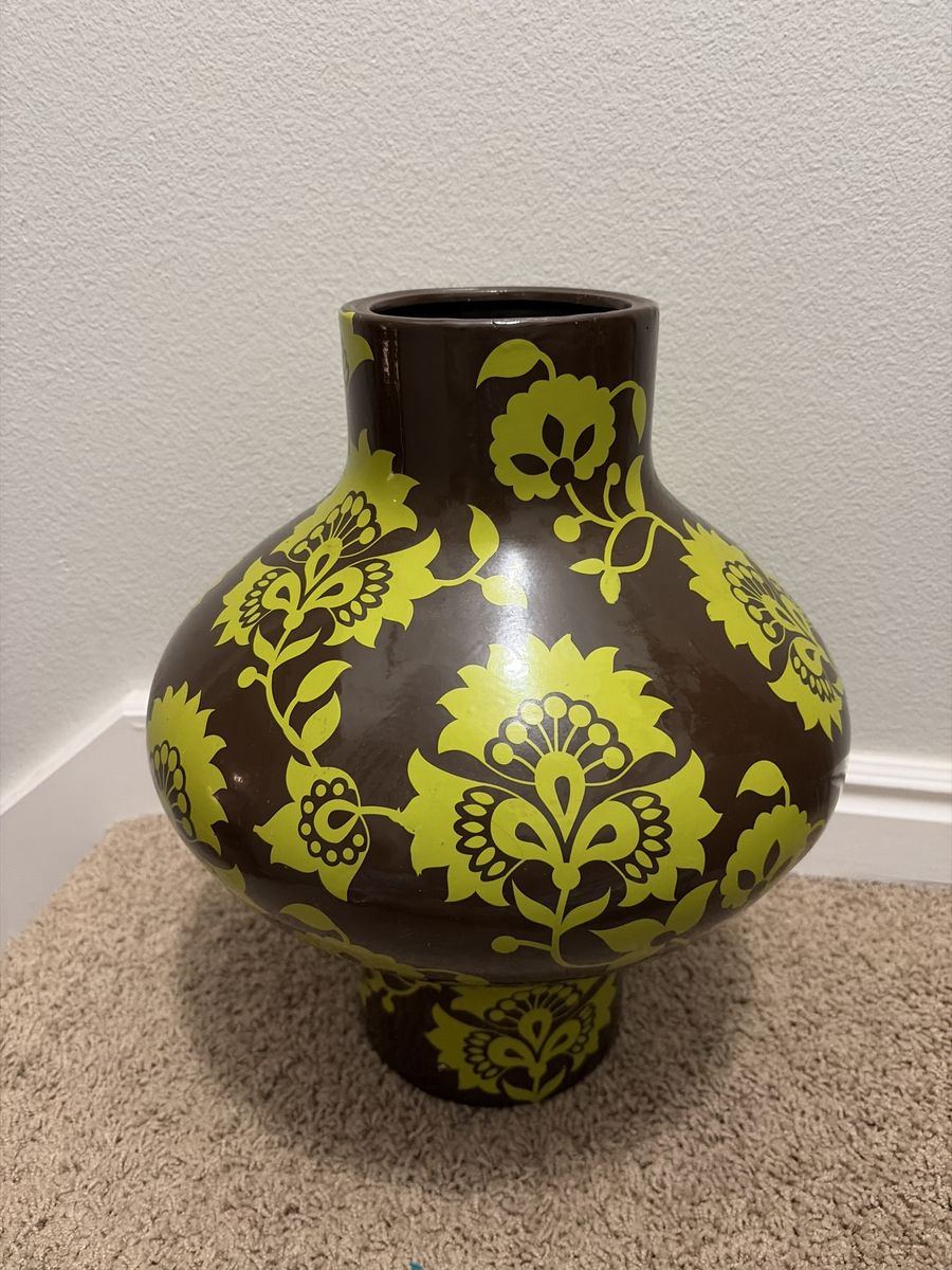 Large High End Brown & Green Floral Pattern Ceramic Floor Vase - Boho Chic Home Decor Accent