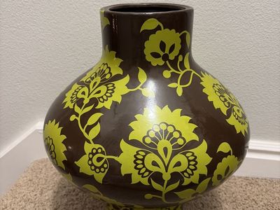 Large High End Brown & Green Floral Pattern Ceramic Floor Vase - Boho Chic Home Decor Accent