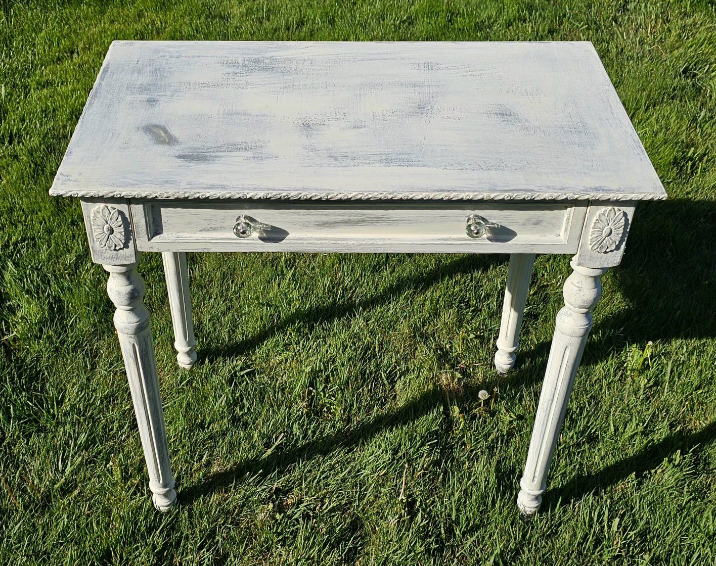 Shabby Chic Distressed White/Gray End Table with Drawer - Farmhouse Style Nightstand 32"Wx18"Dx30"H