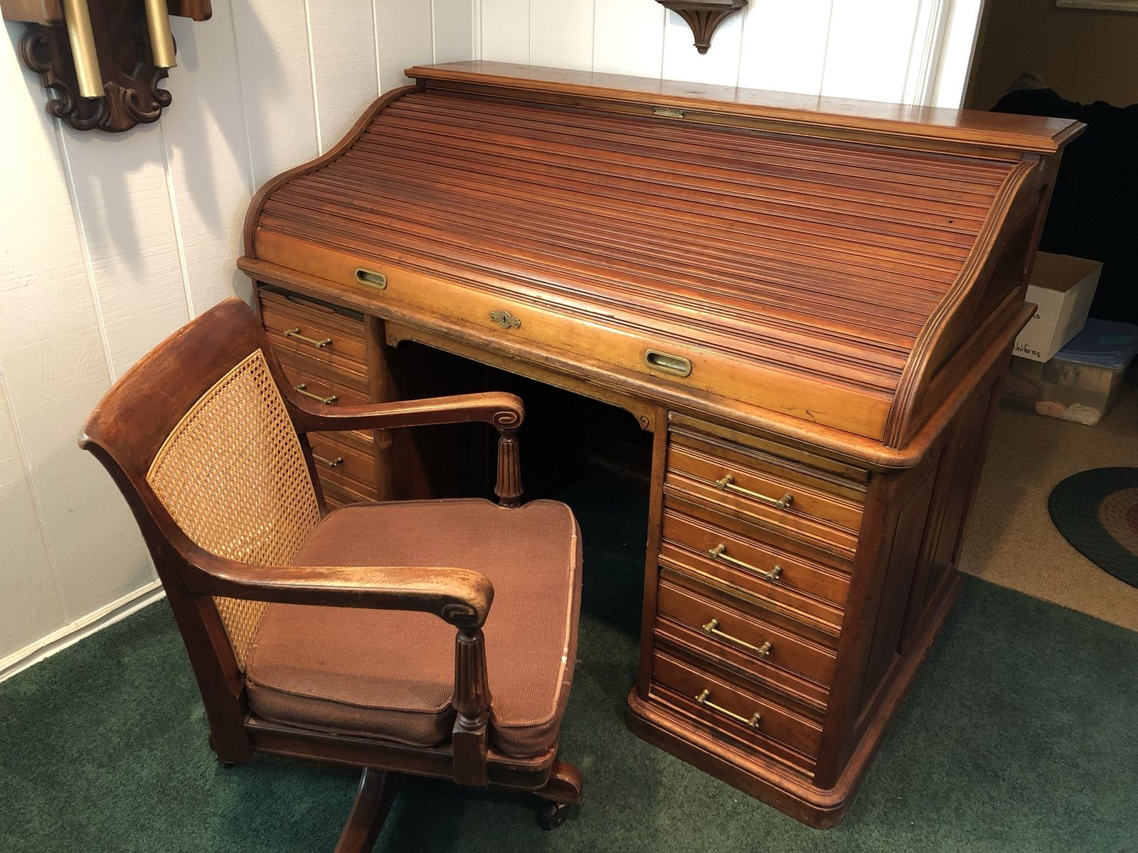Antique Oak Roll Top Desk with Chair - Vintage Office Furniture Set