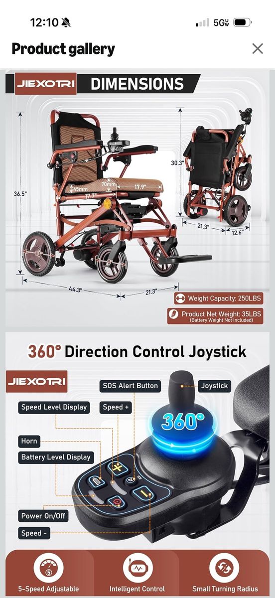 Jiexotri Lightweight Folding Power Wheelchair - 360 Joystick Control