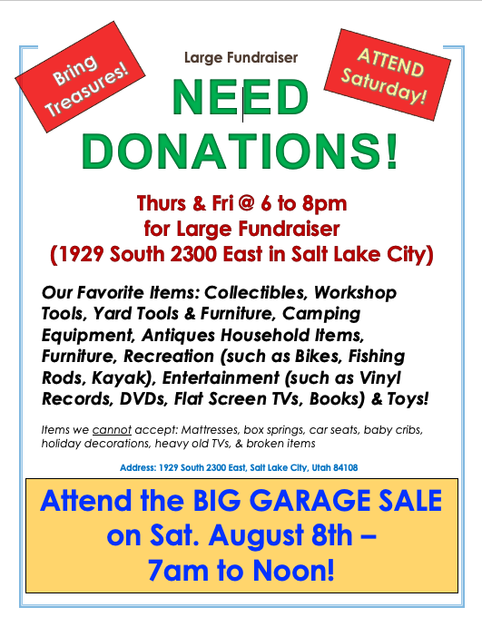 TONIGHT -Looking for DONATIONS to Church GARAGE SALE Fundraiser