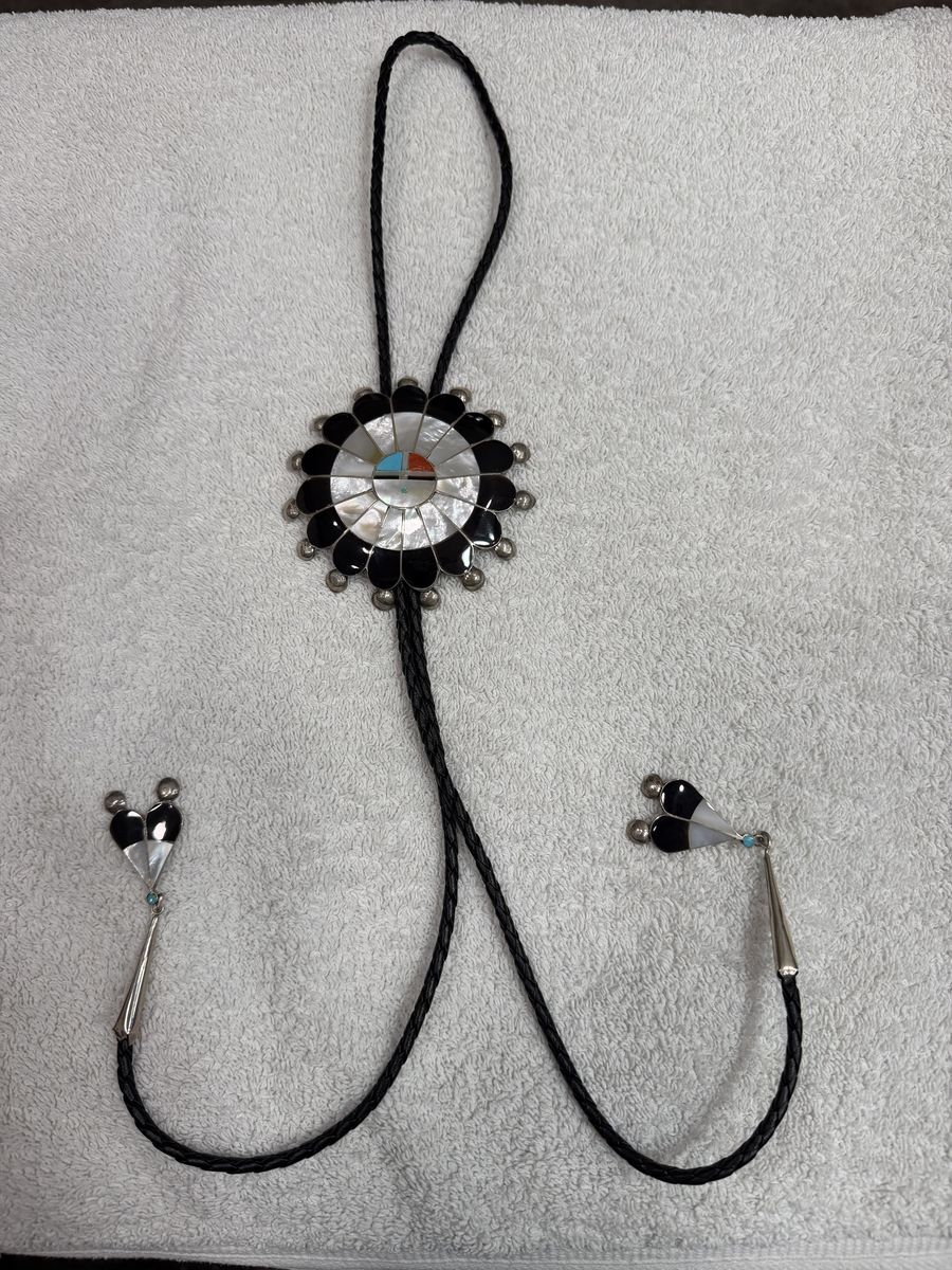 Authentic Vintage Sterling Silver Multi-Stone Inlay Sunface Zuni Signed P. Lonjose Bolo Tie ~ Near Mint Condition ~