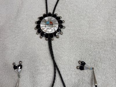Authentic Vintage Sterling Silver Multi-Stone Inlay Sunface Zuni Signed P. Lonjose Bolo Tie ~ Near Mint Condition ~