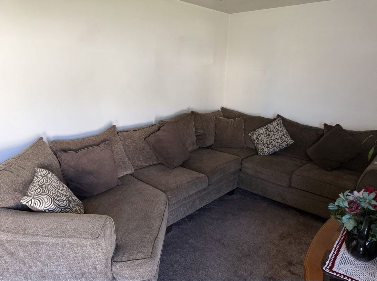 Brown Fabric Sectional Sofa - Corner Piece with Chaise & Throw Pillows - fair Condition