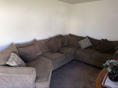 Brown Fabric Sectional Sofa - Corner Piece with Chaise & Throw Pillows - fair Condition