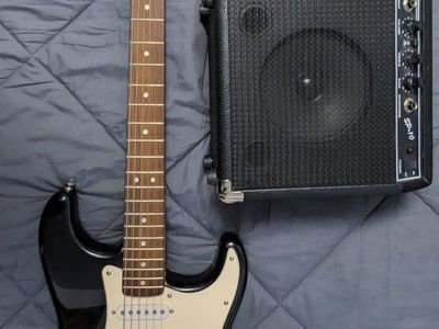 Fender Squier Stratocaster Electric Guitar with SP-10 Amp - Black, Beginner Bundle