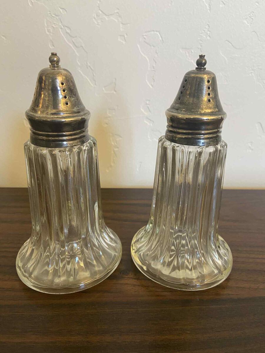 Vintage Large Fluted Glass Silver Plated Salt & Pepper Shakers