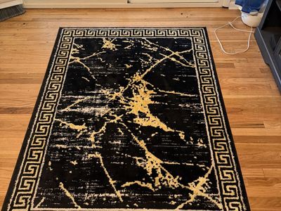 Black & Gold Abstract Area Rug with Greek Key Border - 3x5 ft