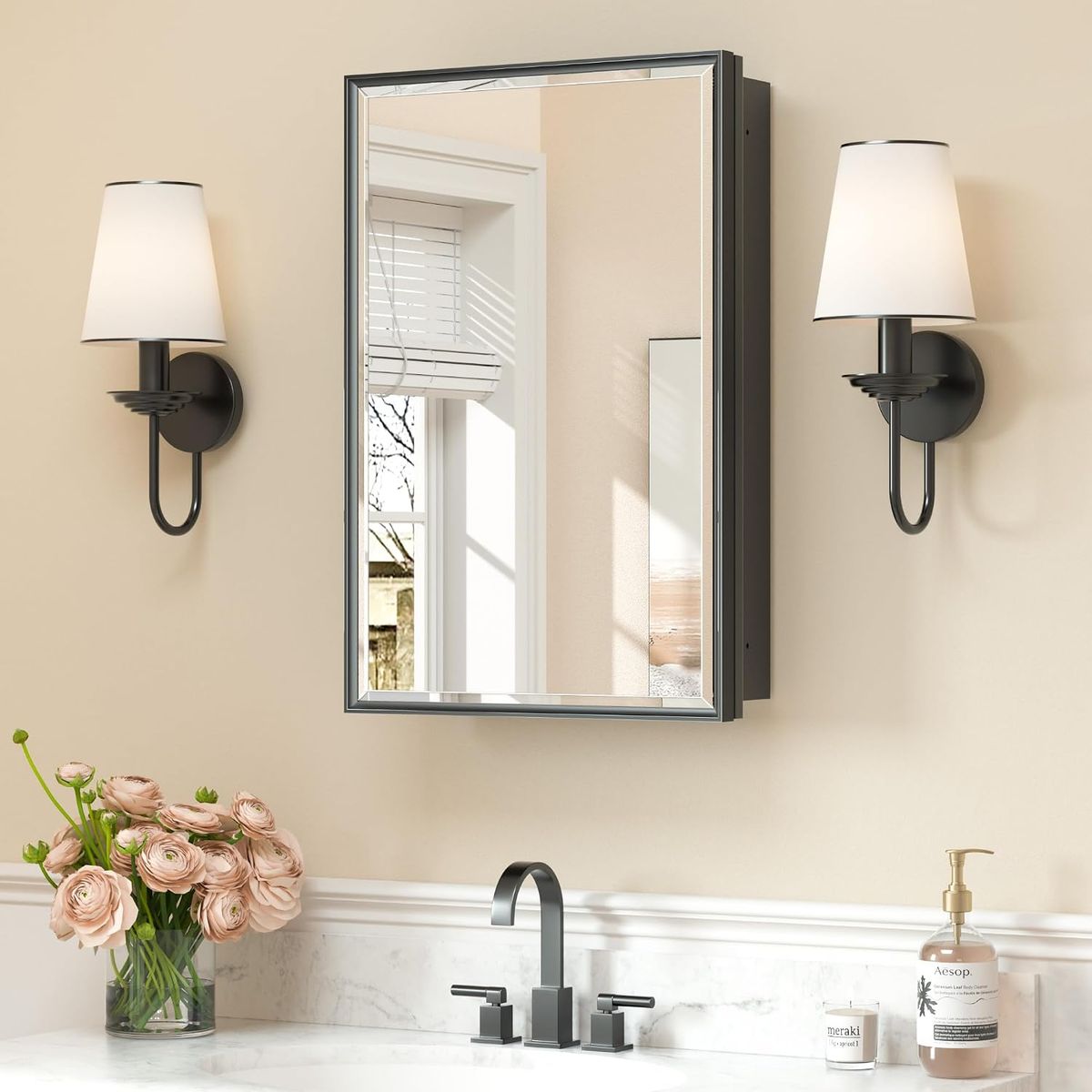 16" x 24" Medicine Cabinet with Mirror, Black, Assembled