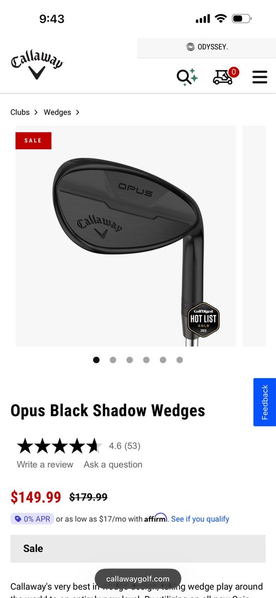 Callaway Opus Black Shadow Wedge - 54/14w - Spin Gen Technology - Dynamic Gold Shaft