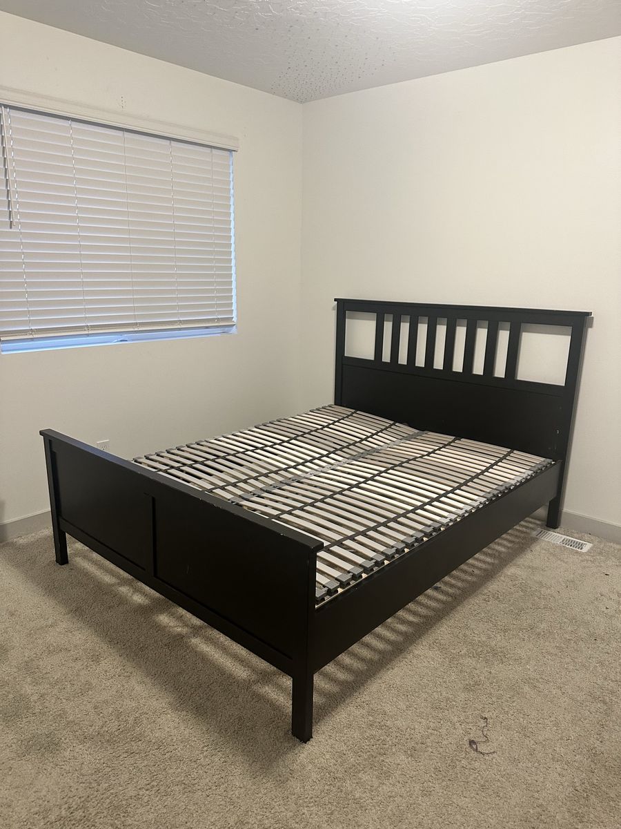Black Wooden IKEA Hemnes Queen Bed Frame with Leröy Slats - Sturdy and Stylish Bedroom Furniture