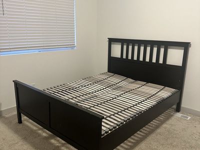 Black Wooden IKEA Hemnes Queen Bed Frame with Leröy Slats - Sturdy and Stylish Bedroom Furniture