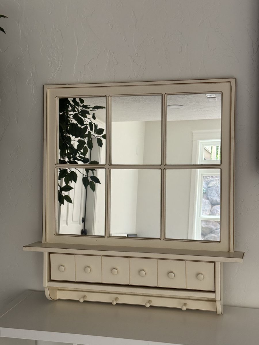 Farmhouse Distressed Off-White Window-Pane Mirror with Shelf, 6 Drawers & Pegs - 36" H x 35" W