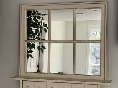 Farmhouse Distressed Off-White Window-Pane Mirror with Shelf, 6 Drawers & Pegs - 36" H x 35" W
