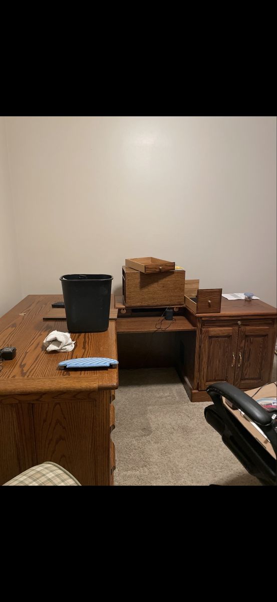 Traditional Solid Oak L-Shaped Executive Office Desk with Storage Drawers & Cabinet