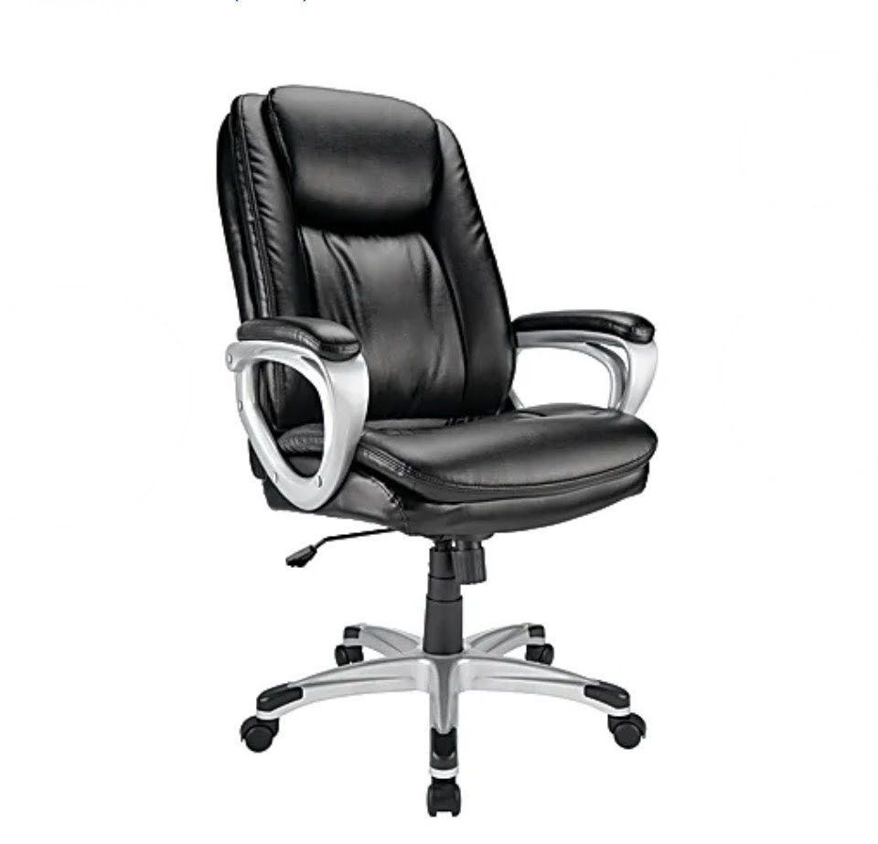 High-Back Executive Office Chair - Black Bonded Leather, Silver Accents,