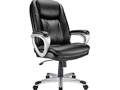 High-Back Executive Office Chair - Black Bonded Leather, Silver Accents,
