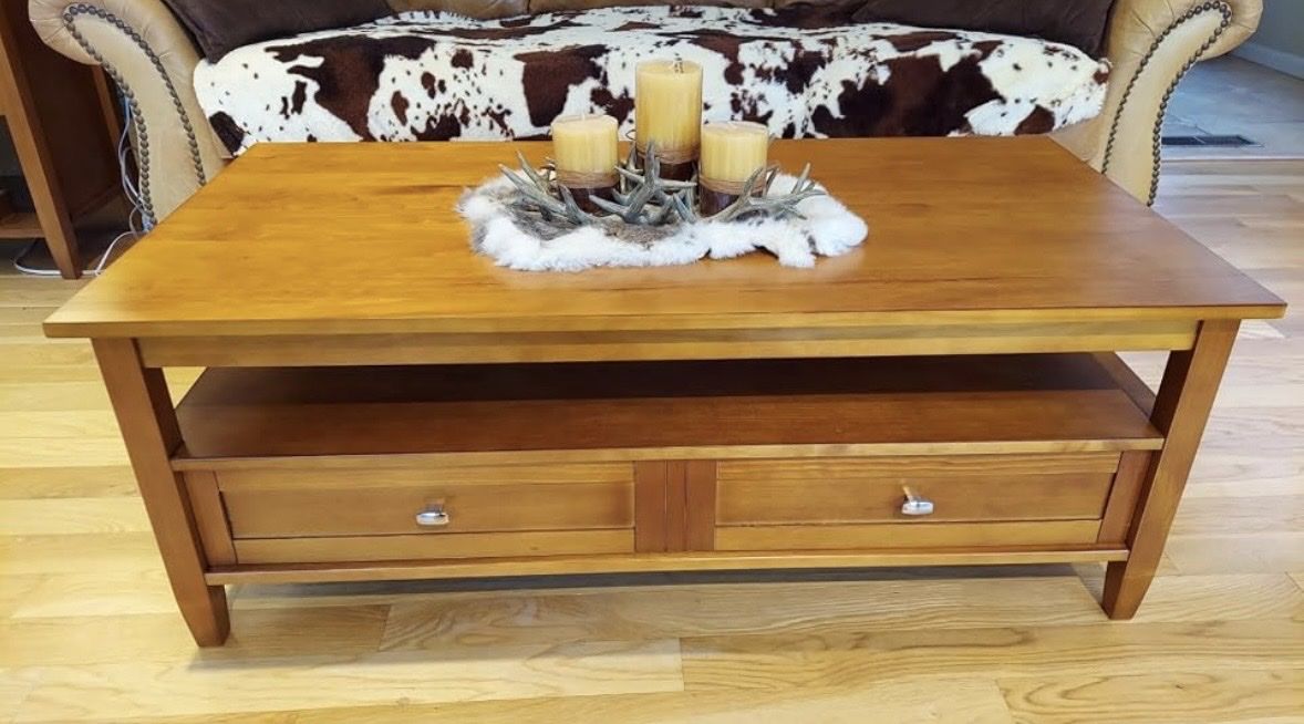 SimpliHome Warm Shaker - 48in. Rectangle Solid Wood Coffee Table in Light Golden Brown