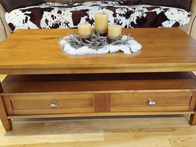 SimpliHome Warm Shaker - 48in. Rectangle Solid Wood Coffee Table in Light Golden Brown