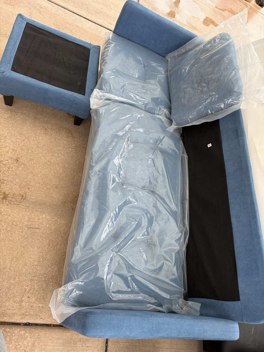 Blue Fabric Sofa with Matching Ottoman Sectional Couch (missing back pillows and ottoman pillow)