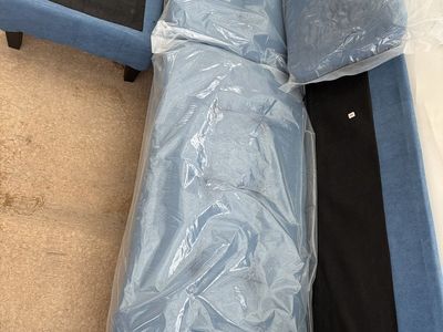 Blue Fabric Sofa with Matching Ottoman Sectional Couch (missing back pillows and ottoman pillow)