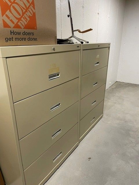 Pair of Tan Metal 4-Drawer Vertical Filing Cabinets