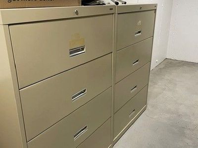 Pair of Tan Metal 4-Drawer Vertical Filing Cabinets