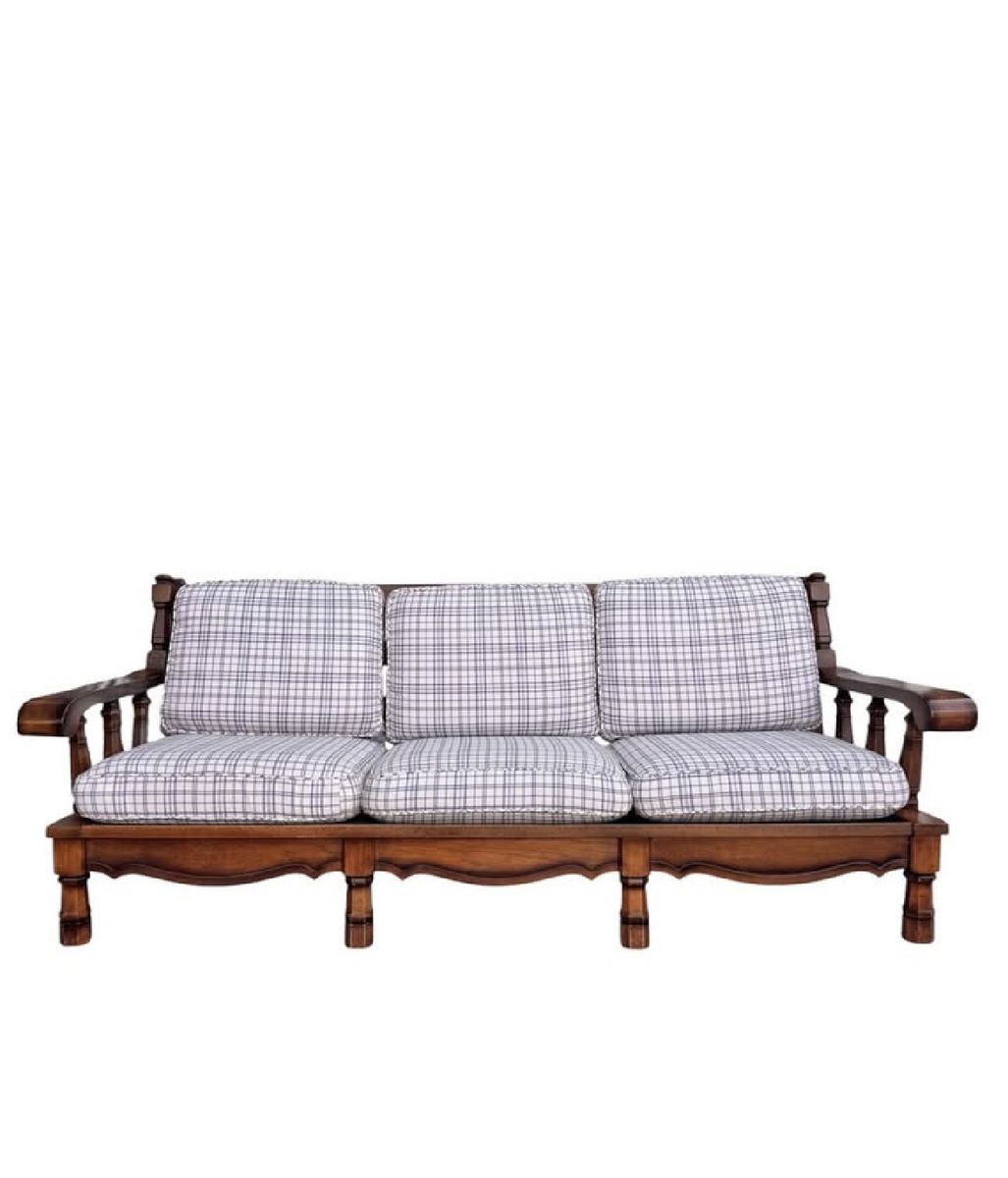 Vintage Wooden Frame Plaid Sofa 3-Seater Couch