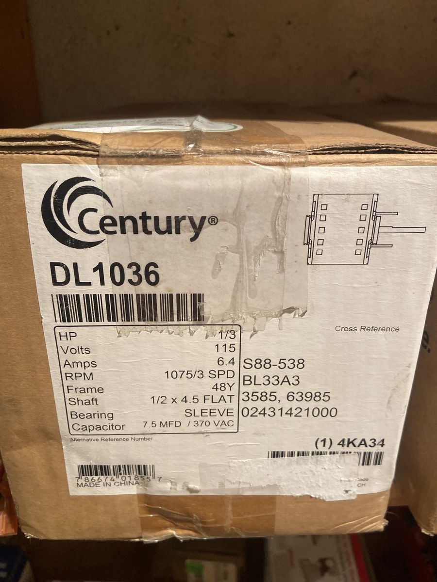 Century DL1036 1/3 HP 115V 1075/3 SPD 48Y Frame 1/2" x 4.5" Flat Shaft Motor