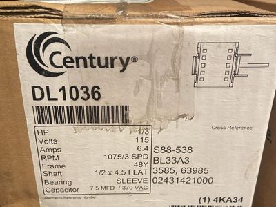 Century DL1036 1/3 HP 115V 1075/3 SPD 48Y Frame 1/2" x 4.5" Flat Shaft Motor