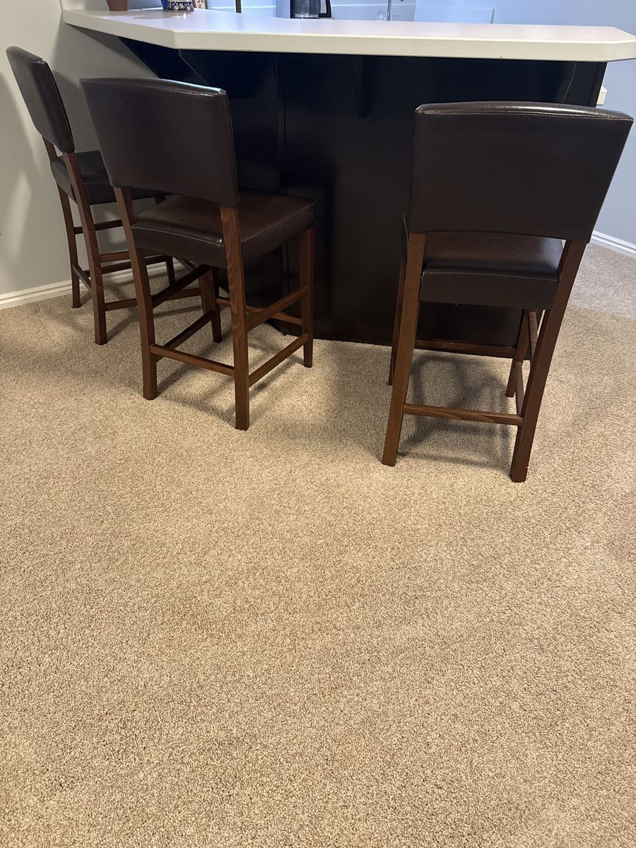 Set of 3 Bar Stools - Dark Wood Frame & Brown Faux Leather Upholstery - Counter Height Seating