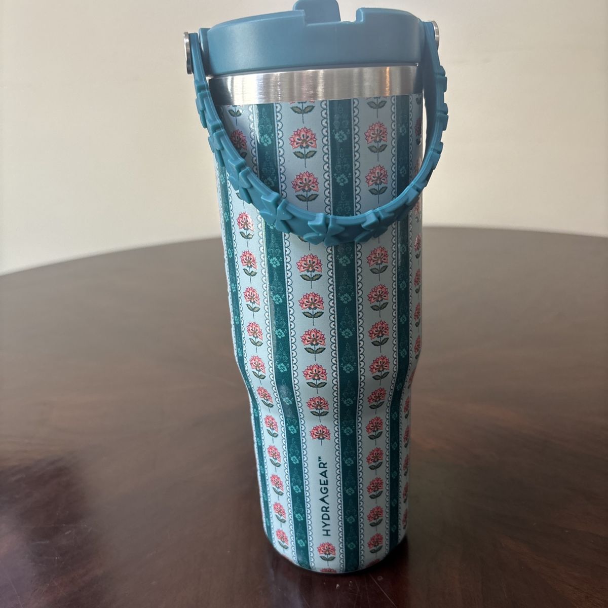 HYDRAGEAR Insulated Tumbler, Blue Floral Stripe, 40oz, Stainless Steel with Handle